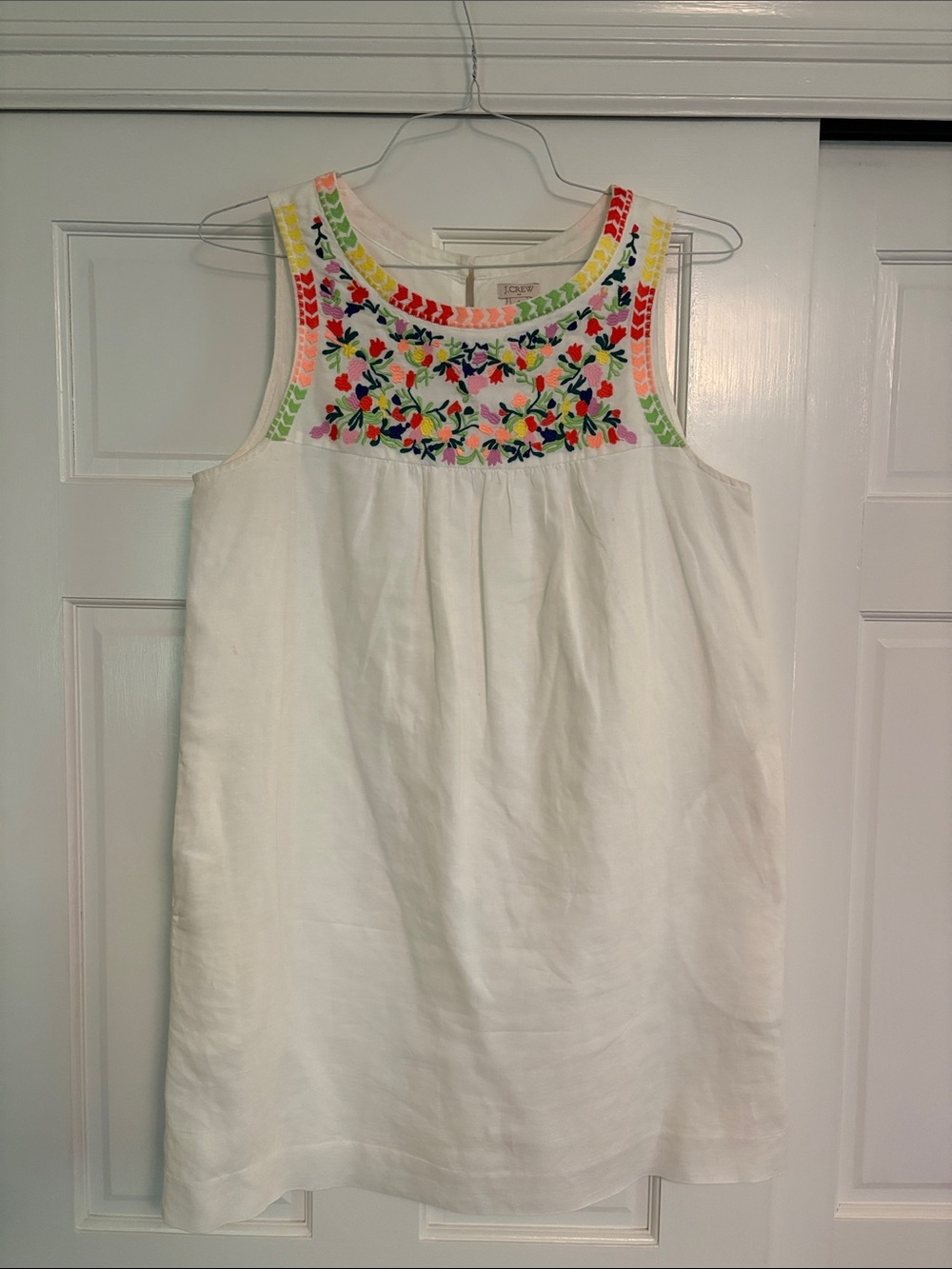 J Crew White Sleeveless Embroidered Shift Dress with Multicolor Floral Yoke